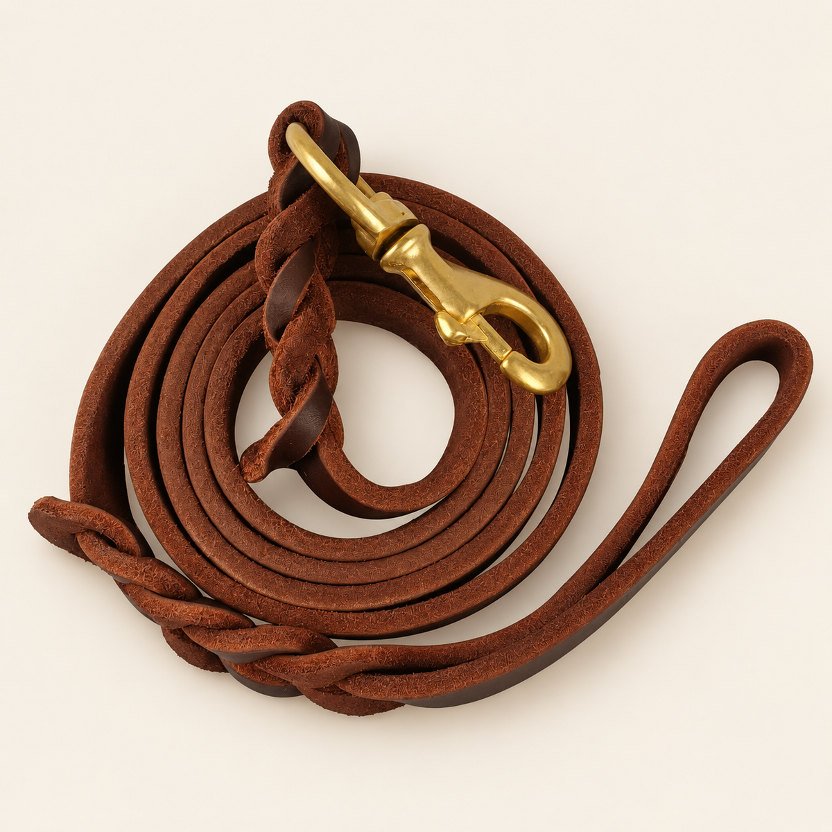 Laisse tressée en cuir pour chien — Marron — fond beige