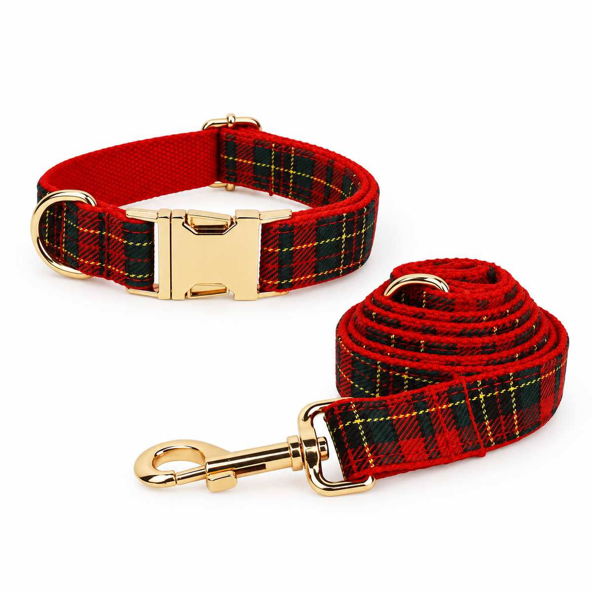 Duo pour chien à carreaux rouges : collier et laisse assortie
