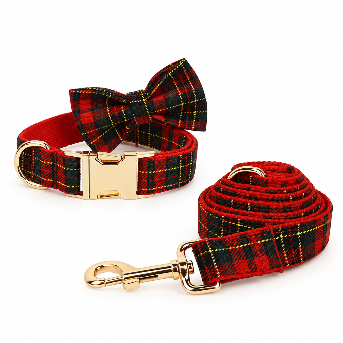 Trio à carreaux rouges : collier, nœud papillon et laisse assortie