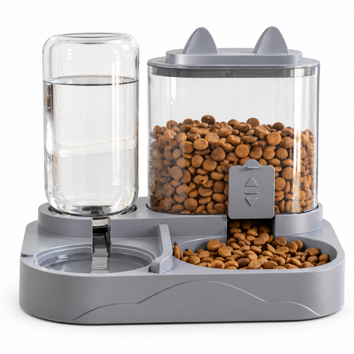 Distributeur gris d’eau et de croquettes 2 en 1 sur fond blanc, sans texte