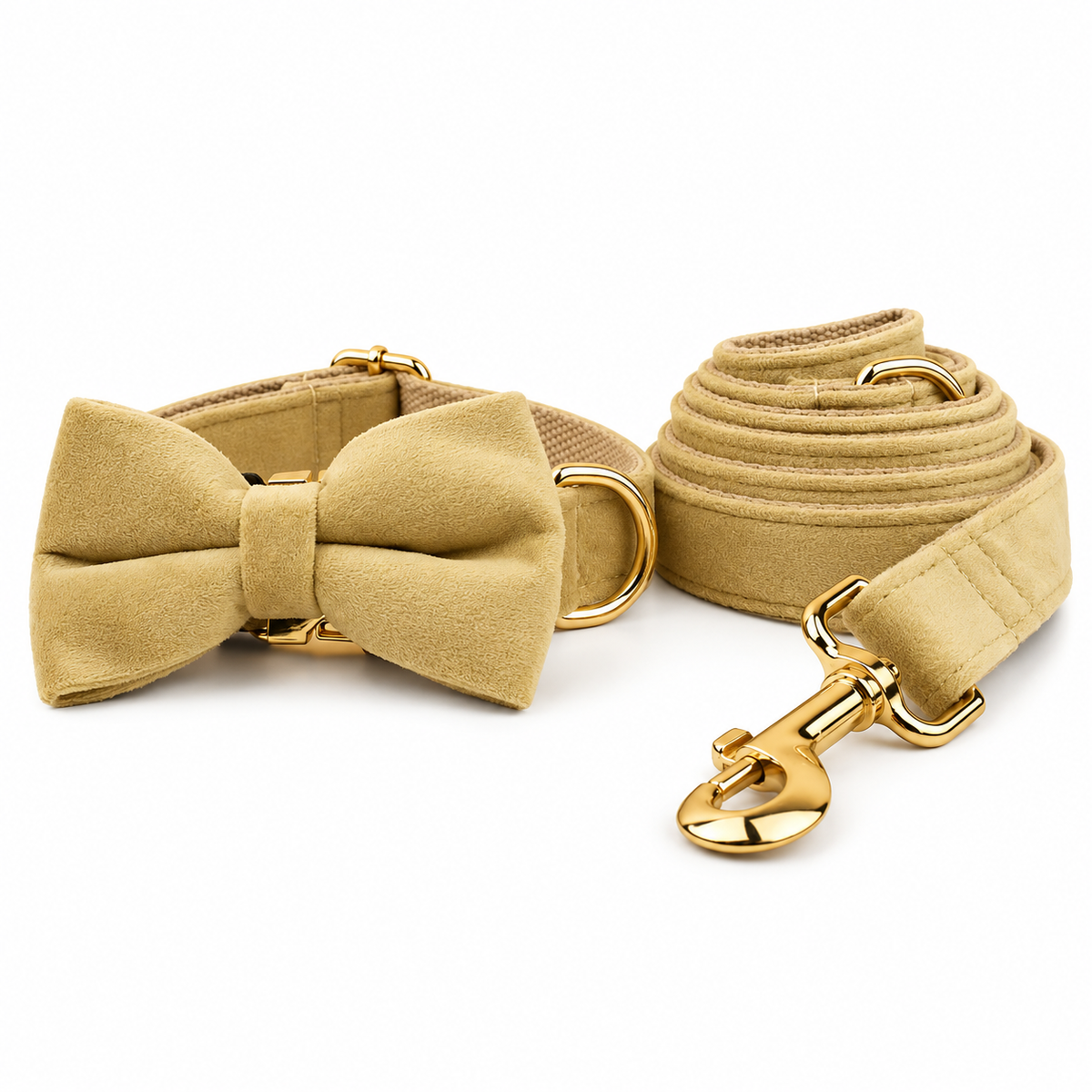 Ensemble laisse et collier avec nœud pour chien beige clair, finitions dorées, sur fond blanc